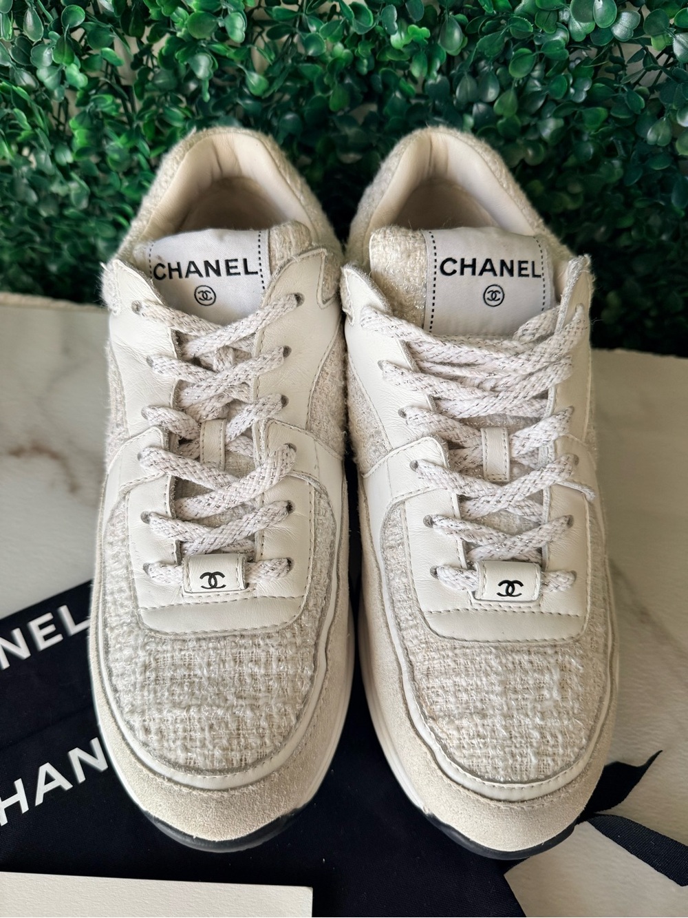 CHANEL White & Tweed CC Logo Trainer Sneakers Size 39 - Picture 2 of 14